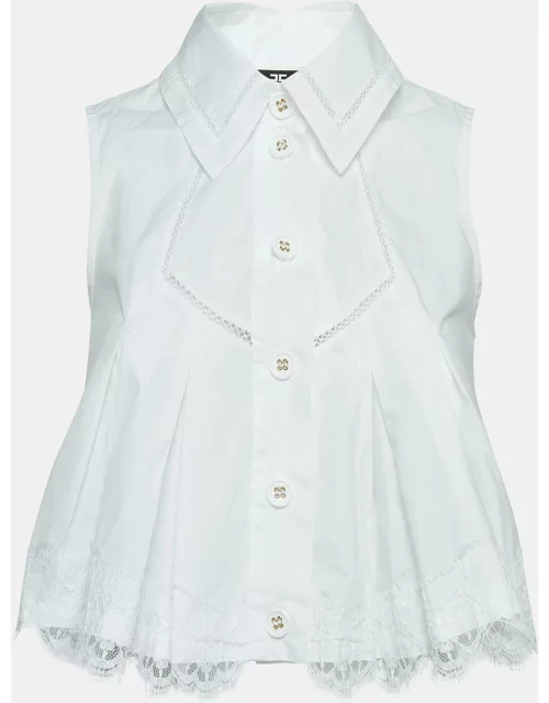Elisabetta Franchi White Lace Trimmed Cotton Pleated Crop Shirt