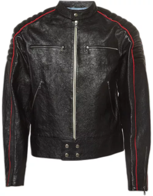 Gucci Black Logo Printed Leather Rider Jacket
