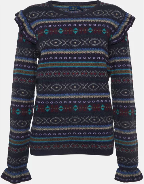 Polo Ralph Lauren Navy Blue Patterned Wool Blend Ruffled Sweater