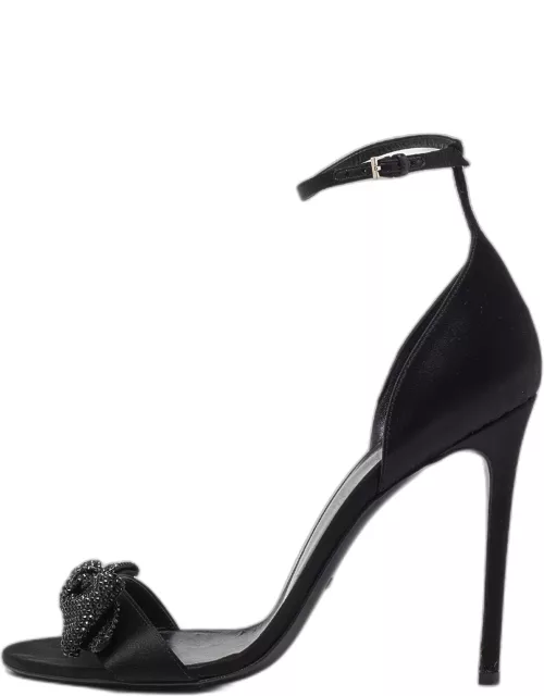 Gucci Black Satin Crystal Embellished Bow Open Toe Ankle Strap Sandal