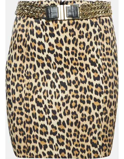 Elisabetta Franchi Brown Leopard Print Satin Embellished Waist Mini Skirt