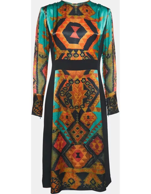 Etro Black & Multicolor Ikat Print Satin & Crepe Full Sleeve Dress