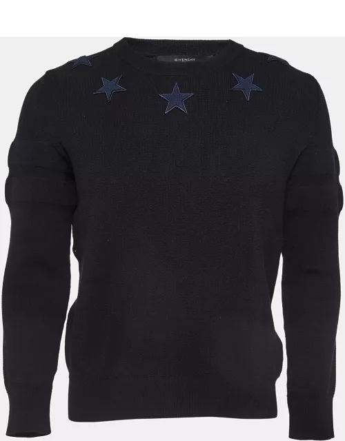 Givenchy Navy Blue Stars Applique Cotton Crew Neck Sweatshirt