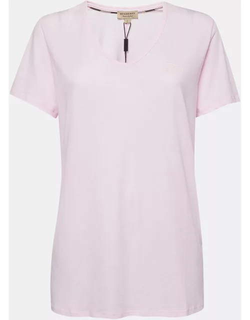 Burberry Pink Embroidered Cotton V-Neck T-Shirt