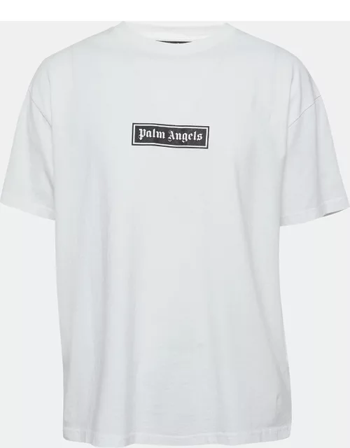 Palm Angels White Logo Print Cotton Crew Neck T-Shirt
