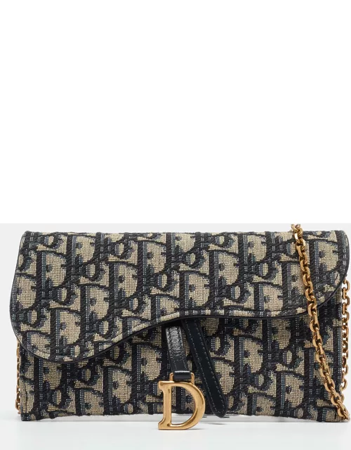 Dior Navy Blue Oblique Canvas and Leather Saddle Wallet on Chain