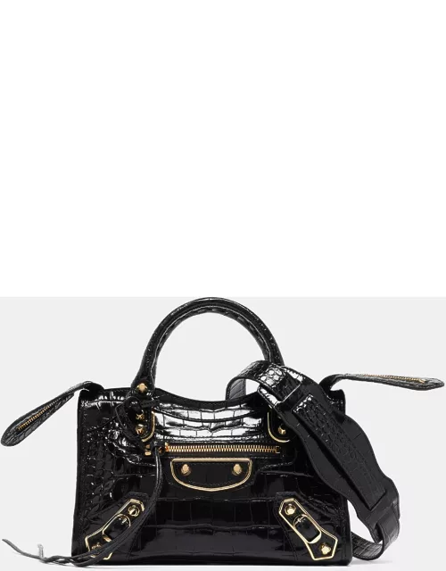 Balenciaga Black Croc Embossed Leather Mini Classic Metallic Edge City Bag