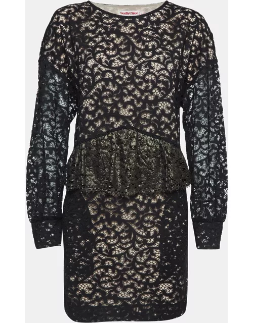 See by Chloe Black Patterned Lace Ruffled Short Dress