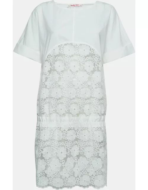 See by Chloé White Floral Embroidered Cotton and Nylon Sheer Short Dress