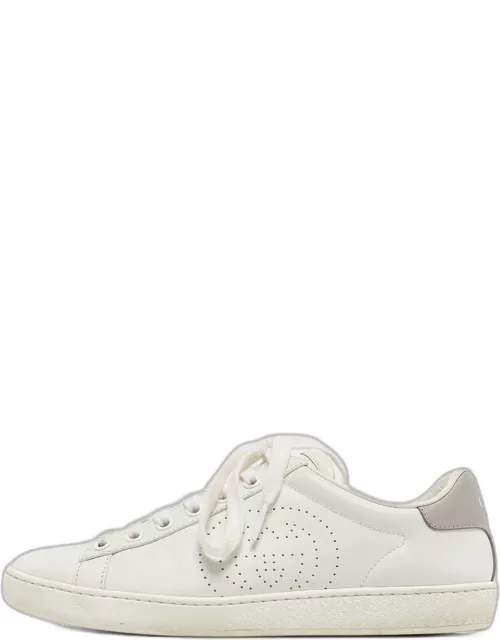 Gucci White/Grey Leather Interlocking Logo Lace Up Sneaker