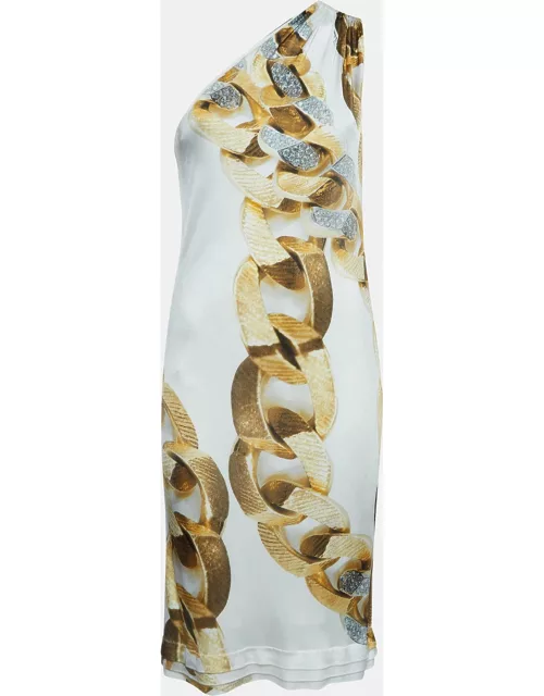 Roberto Cavalli White Chain Print Jersey One Shoulder Midi Dress