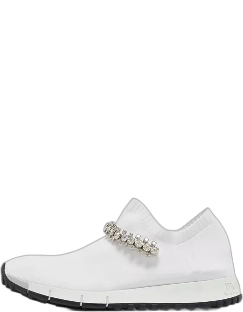 Jimmy Choo White Knit Fabric Crystal Embellished Low Top Sneaker