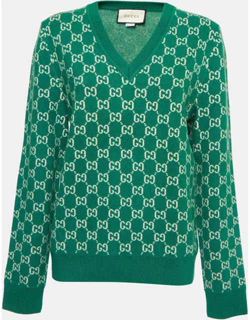 Gucci Green GG Web Intarsia Wool V-Neck Sweater