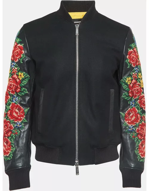 Dsquared2 Black Floral Embroidered Leather and Wool Bomber Jacket