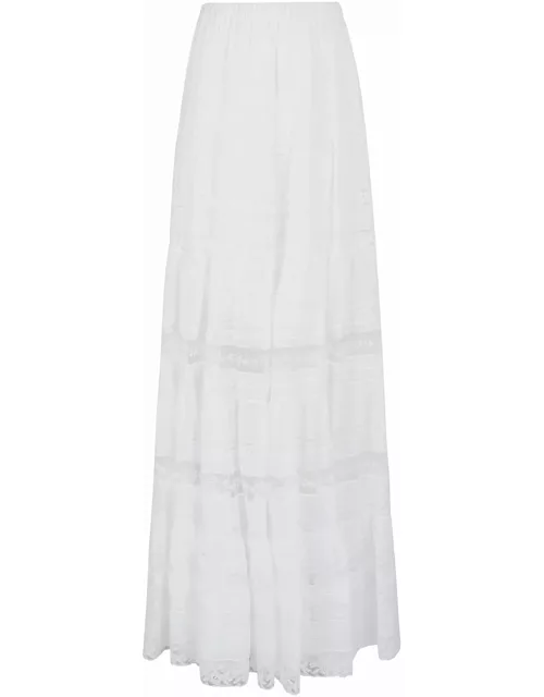 Ermanno Scervino Long White Ramiè Skirt With Valencienne Lace