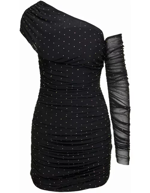 Rotate by Birger Christensen Mini Black Asymmetric Dress With All-over Rhinestone Embellishment In Mesh Woman