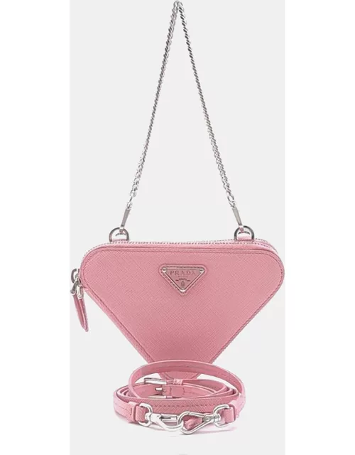 Prada Pink Leather Saffiano Lux Double Triangle Crossbody Bag