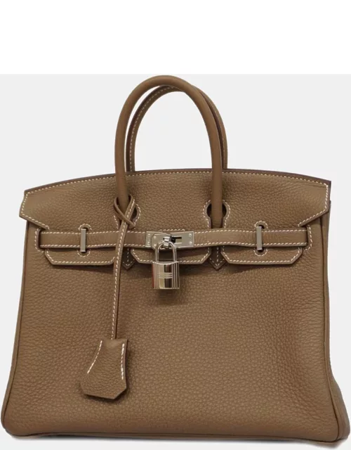 Hermes Etoupe Taurillon Clemence Leather Birkin 25 Tote Bag