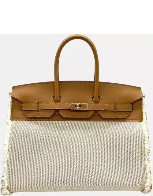 Hermes Brown Toile and Swift Leather Fray Birkin 35 Tote Bag