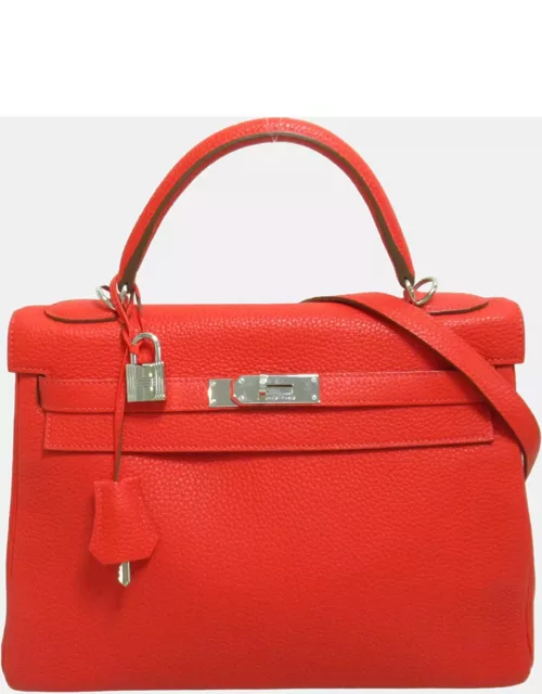 Hermes Red Taurillon Clemence Leather Kelly 32 Tote Bag