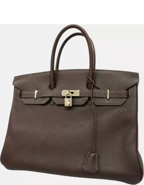 Hermes Chocolat Taurillon Clemence Leather Birkin 35 Tote Bag