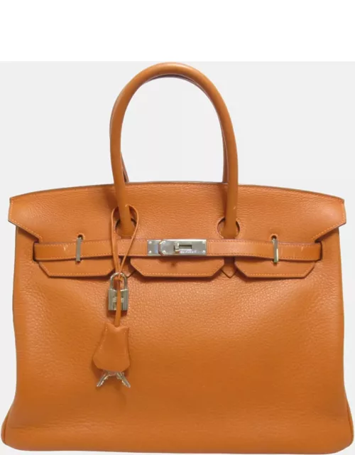 Hermes Orange Taurillon Clemence Leather Birkin 35 Tote Bag