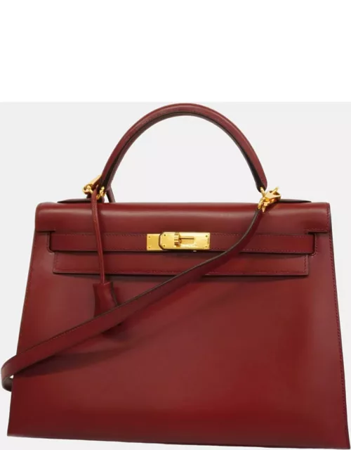Hermes Rouge H Box Calf Leather Kelly 32 Tote Bag