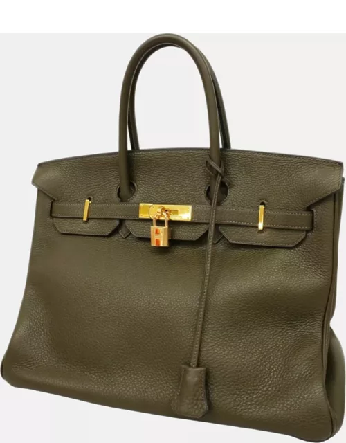 Hermes Olive Green Taurillon Clemence Leather Birkin 35 Tote Bag
