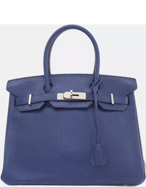 Hermes Blue Taurillon Clemence Leather Birkin 30 Tote Bag