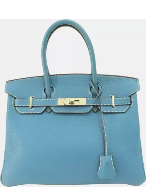 Hermes Blue Jean Taurillon Clemence Leather Birkin 30 Tote Bag
