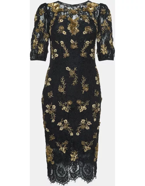 Dolce & Gabbana Black/Gold Sequin Embroidered Lace Mini Dress