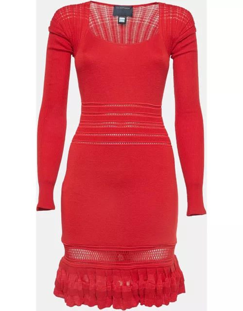 Class by Roberto Cavalli Red Patterned Knit Flounce Midi Dress
