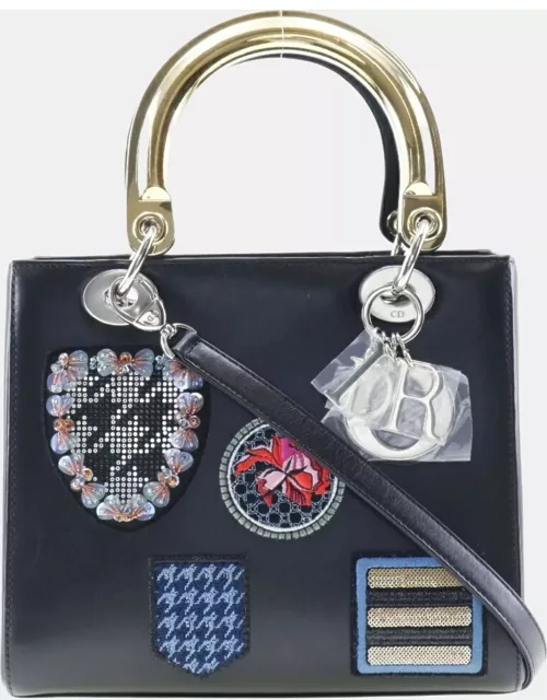 Dior Blue Leather with Embroidered Patches Mini Lady Dior Tote Bag