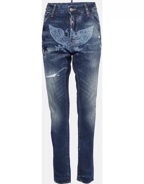 Dsquared2 Navy Blue Printed Distressed Denim Jeans L Waist 36"