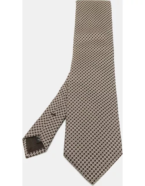 Ermenegildo Zegna Brown/White Square Pattern Jacquard Silk Tie
