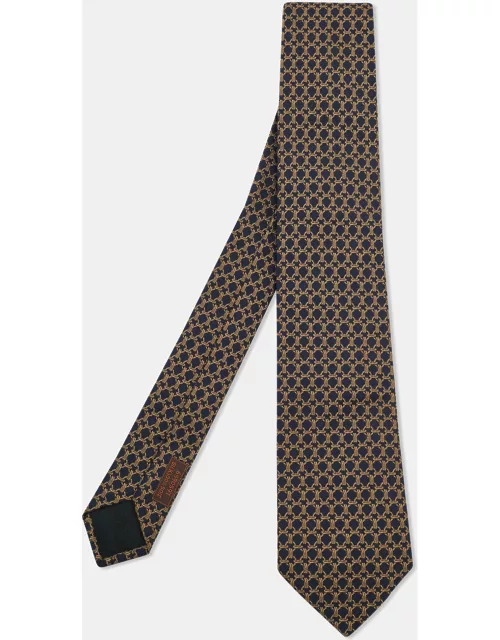 Hermes Navy Blue/Gold Jacquard Silk Tie