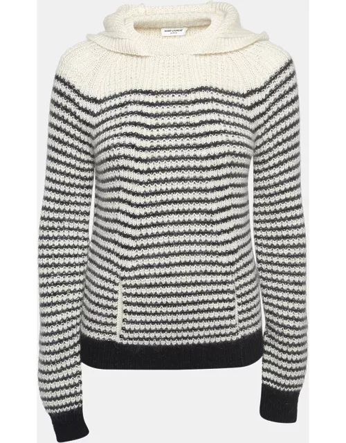 Saint Laurent White/Black Stripe Wool Blend Knit Hooded Sweater