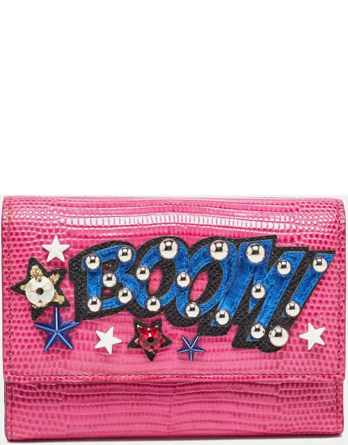Dolce & Gabbana Pink Lizard Embossed Leather Boom Patch Trifold Wallet