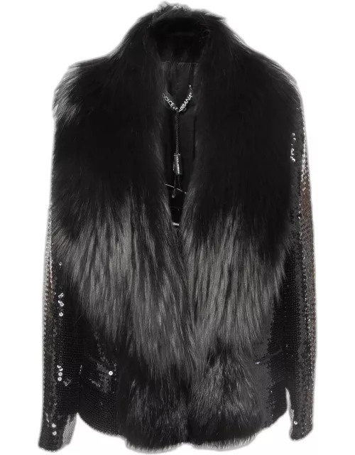 Dolce & Gabbana Black Sequin Paillette Fox Fur Collar Jacket