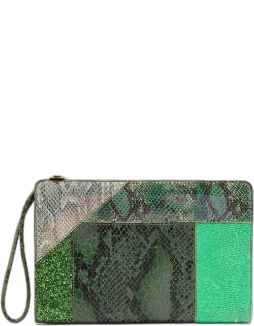 Stella McCartney Green Faux Python Embossed and Glitter Waverly Patchwork Clutch
