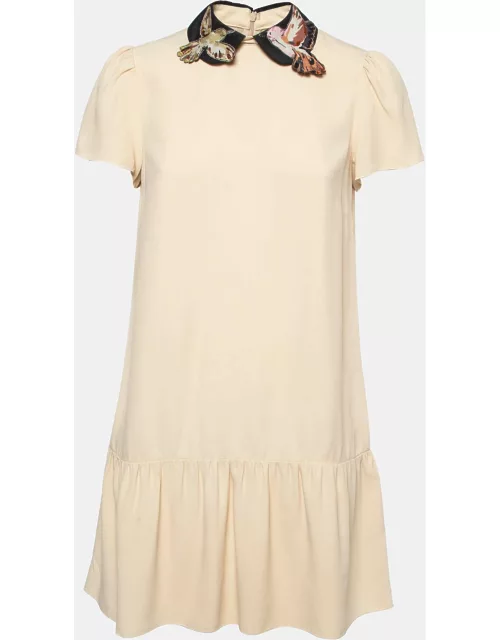 RED Valentino Beige Embroidered Peter Pan Collar Sateen Flounce Mini Dress