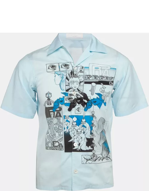 Prada Blue Comic Print Cotton Short Sleeve Shirt