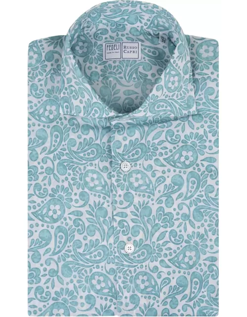Fedeli Sean Shirt In Turquoise Paisley Printed Panamino