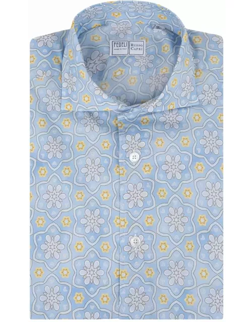 Fedeli Sean Shirt In Light Blue Flower Printed Panamino