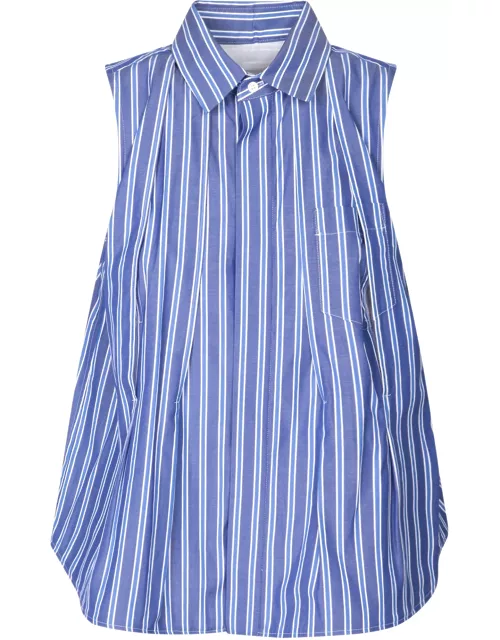 Sacai Sleeveless Shirt In White And Light Blue Stripe
