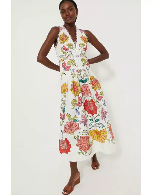 Floral Insects Off White Sleeveless Maxi Dres