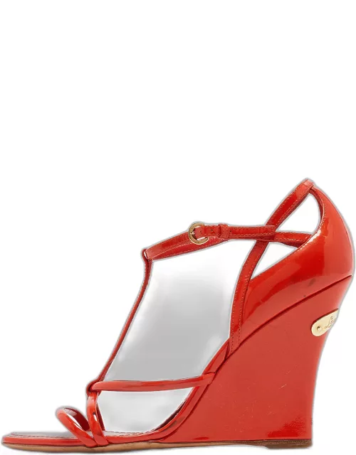 Louis Vuitton Orange Patent Leather Strappy Wedge Sandal