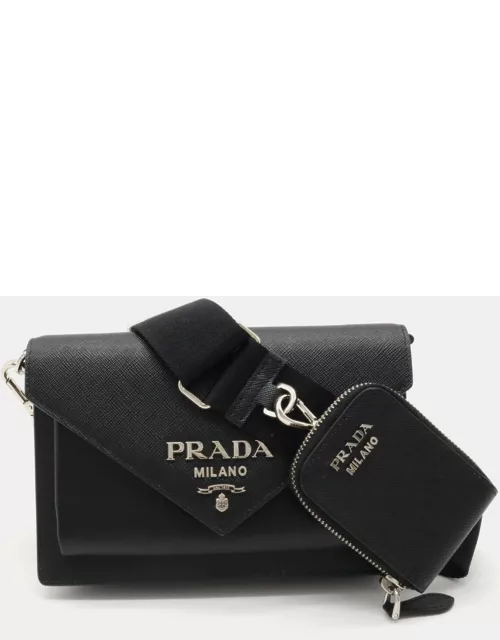Prada Black Leather Calf-Trimmed Saffiano Lux Mini Envelope Bag
