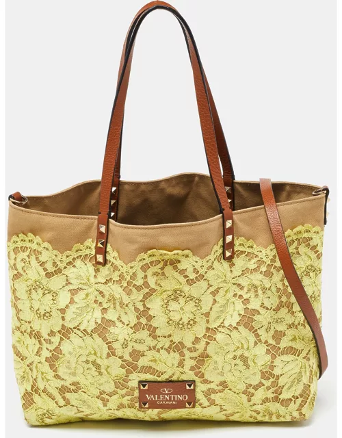 Valentino Tri Color Glamorous Lace Canvas and Leather Reversible Tote