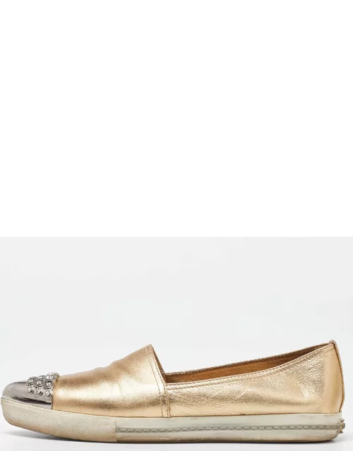 Miu Miu Gold Foil Leather Crystal Embellished Slip On Sneaker
